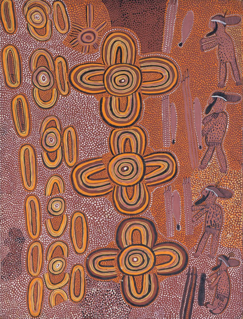 Mick Namarari Tjapaltjarri (Pintupi, 1926 – 1998), Ceremony at Tjilka, 1973, synthetic polymer paint on composition, 23 15/16 x 18 x 1/2 in., Gift of John W. Kluge, 1997, Kluge-Ruhe Aboriginal Art Collection of the University of Virginia, 1996.0002.002.