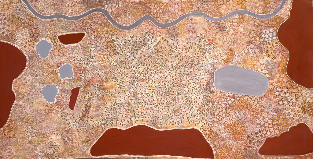 Peggy Griffiths, "Jalin to Jemarim", Natural pigment on paper, 150 x 300 cm, Courtesy Waringarri Artists.