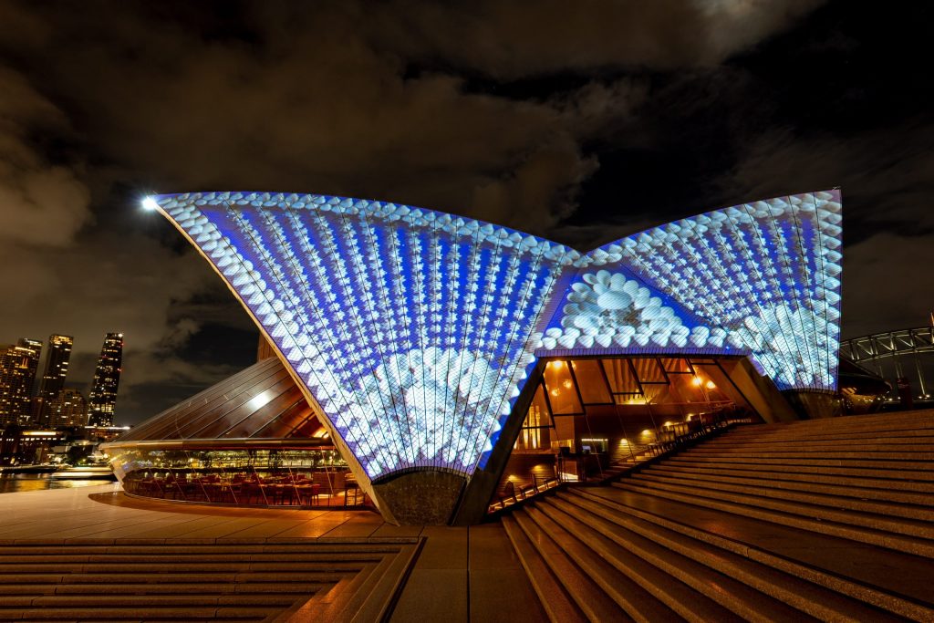 Esme Timbery, "Badu Gili: Healing Spirit" 2024, Sydney Opera House, Courtesy the Artist and family, Photo Daniel Boud